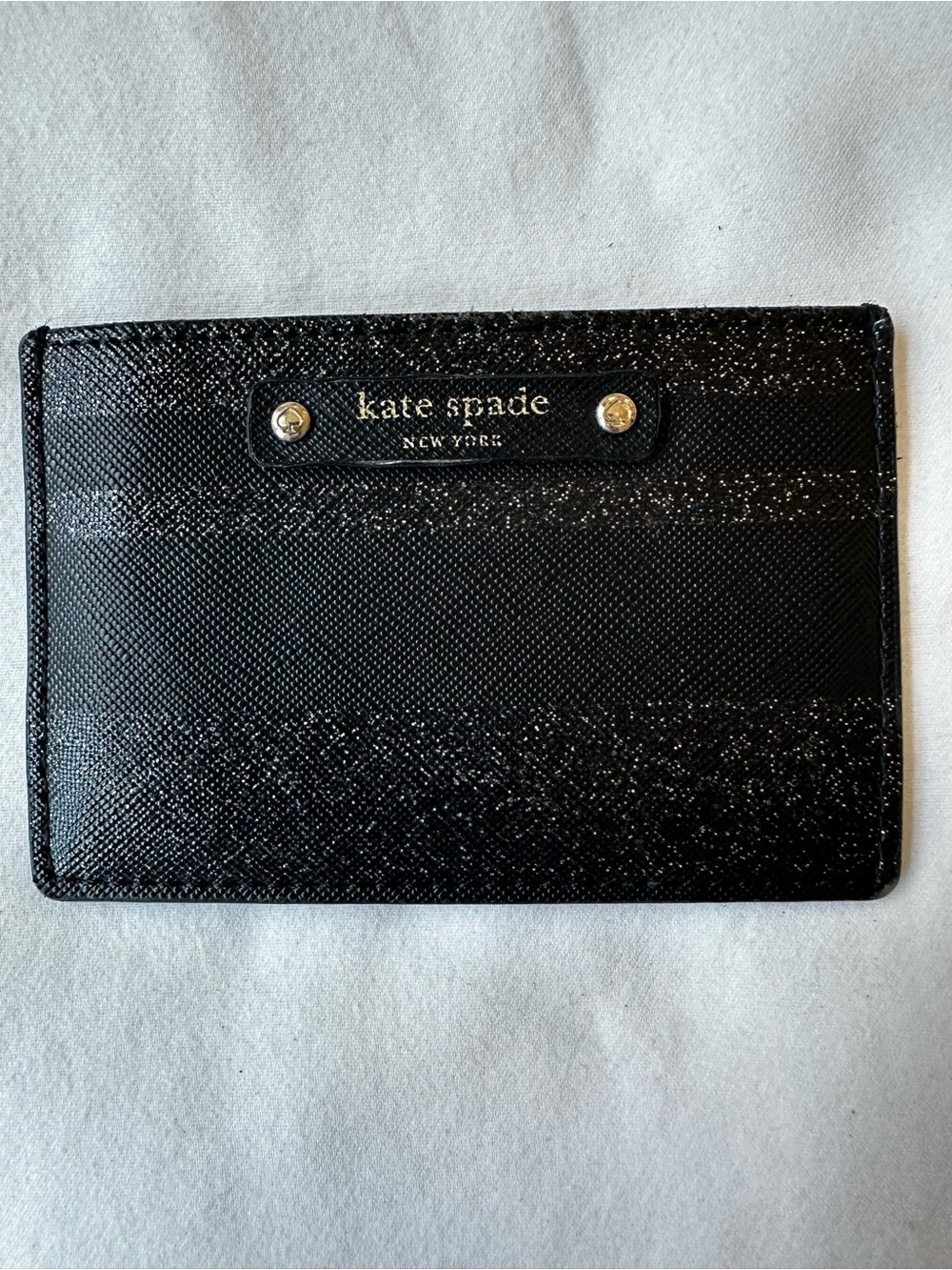 Kate Spade Haven Lane Graham Black Glitter Stripe Leather Card Holder Wallet
